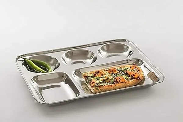 Stainless_Steel_Rectangular_Partition_Plate_5_Compartment_Ideal_For_Breakfast_Lunch_And_Dinner_Pack_Of_6