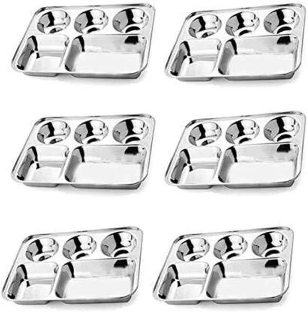 Stainless_Steel_Rectangular_Partition_Plate_5_Compartment_Ideal_For_Breakfast_Lunch_And_Dinner_Pack_Of_6
