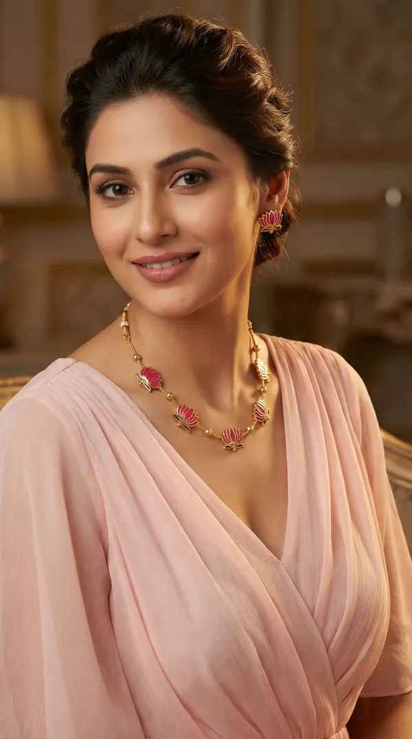 High_Gold_Plated_Meena_Work_Pink_Lotus_Necklace_with_Earrings_for_Women