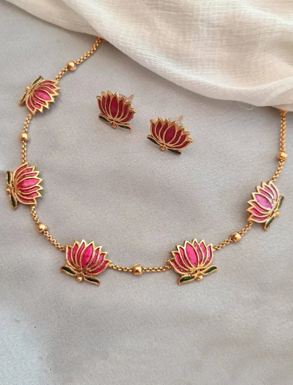 High_Gold_Plated_Meena_Work_Pink_Lotus_Necklace_with_Earrings_for_Women