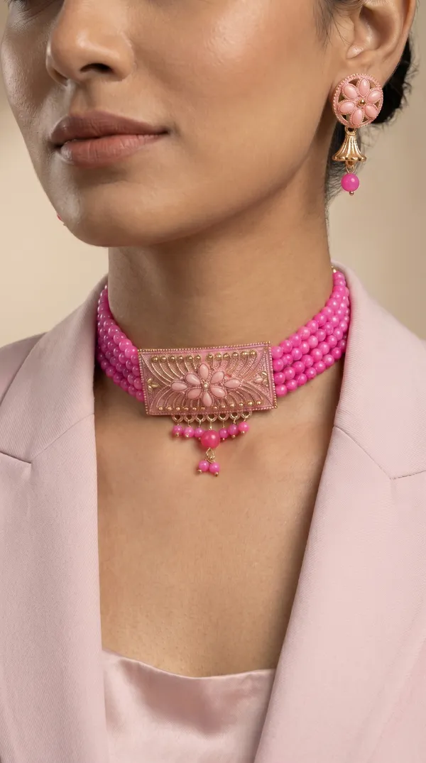 Pink_Floral_Choker_Necklace_Set_with_Earrings