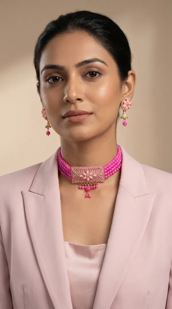 Pink_Floral_Choker_Necklace_Set_with_Earrings
