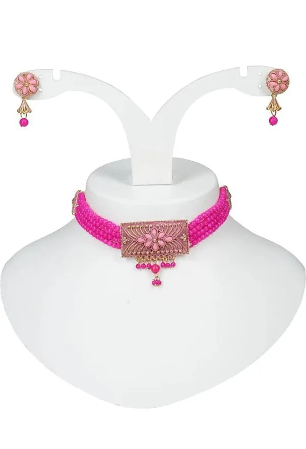 Pink_Floral_Choker_Necklace_Set_with_Earrings