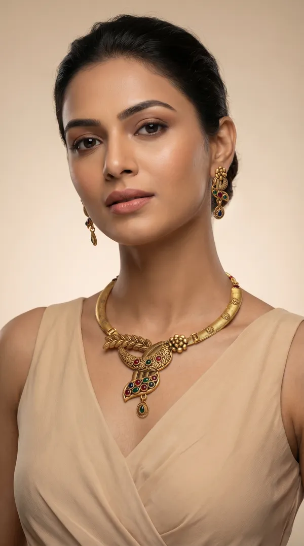 Leaf_Motif_Gold_Necklace_Set_with_Multi_Color_Stones_&_Earrings