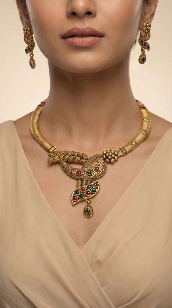 Leaf_Motif_Gold_Necklace_Set_with_Multi_Color_Stones_&_Earrings