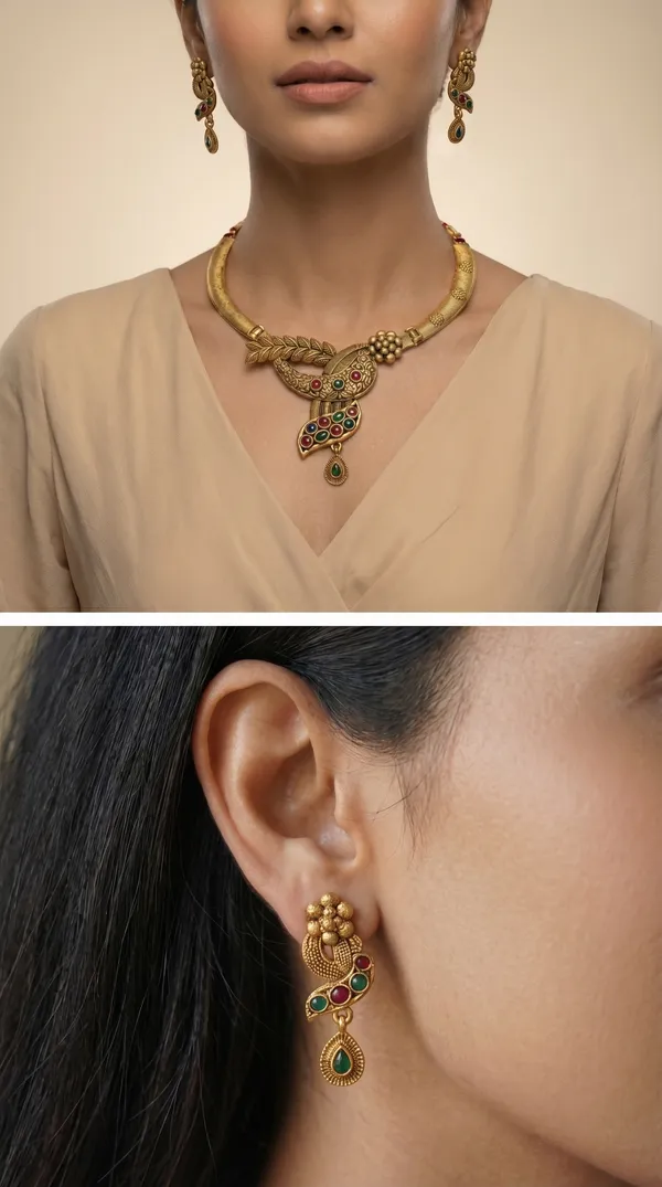 Leaf_Motif_Gold_Necklace_Set_with_Multi_Color_Stones_&_Earrings