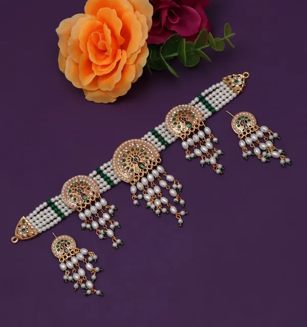 Elegant_White_Pearl_&_Green_Bead_Multi-Strand_Choker_Set_with_Intricate_Peacock_Motif_and_Matching_Pearl_Drop_Earrings
