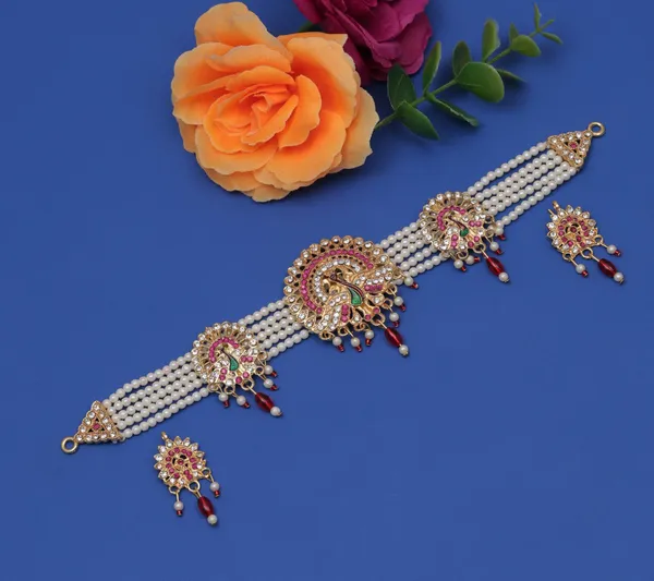 Elegant_White_Pearl_Multi-Strand_Choker_Necklace_Set_with_Peacock_Motif,_Pink_Stone_Detailing_&_Matching_Drop_Earrings