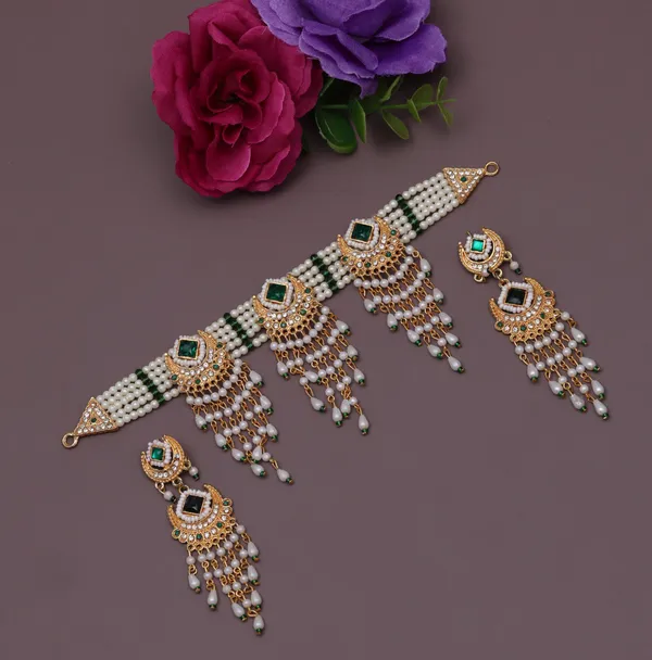 Women�s_Pearl_Choker_Necklace_Set_with_Earrings,_Multi-Layer_Green_Stone_Ethnic_Jewellery