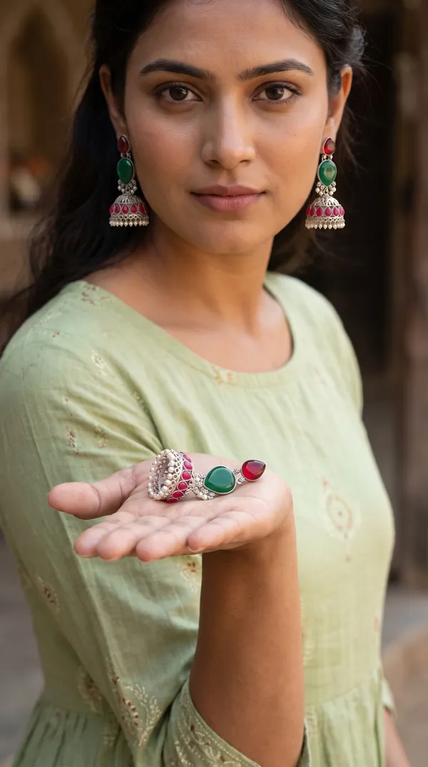 Handcrafted_Red-Green_Stone_Antique_Oxidised_Jhumka