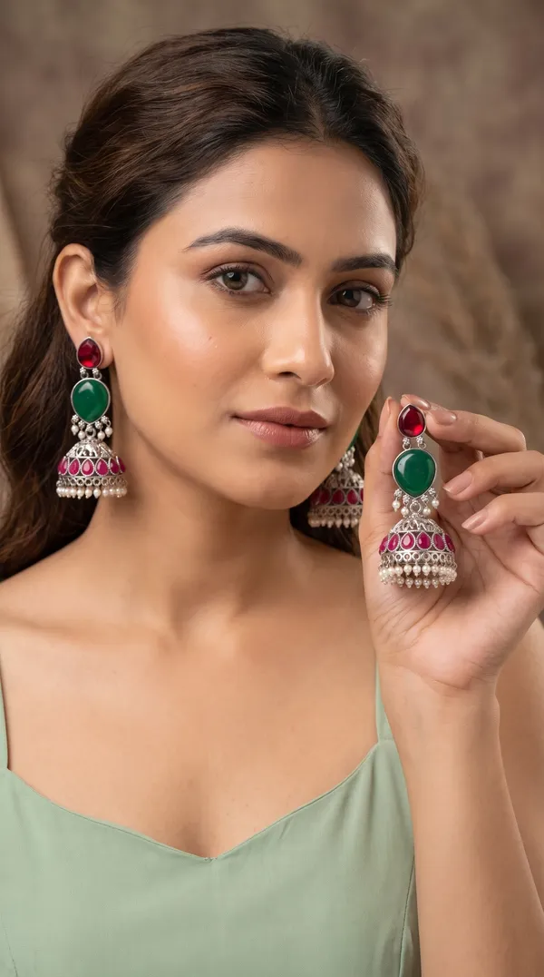 Handcrafted_Red-Green_Stone_Antique_Oxidised_Jhumka