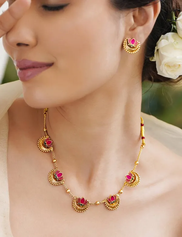 High_Gold_Plated_Meena_Work_Pink_Lotus_Necklace_with_Earrings_for_Women