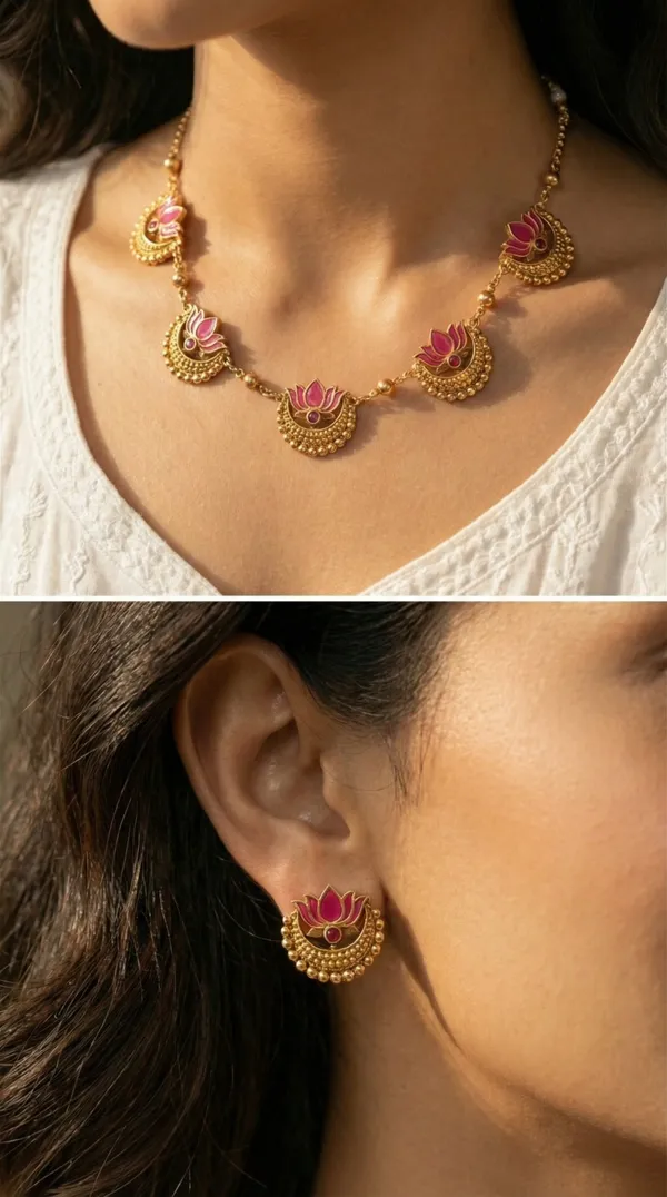 High_Gold_Plated_Meena_Work_Pink_Lotus_Necklace_with_Earrings_for_Women