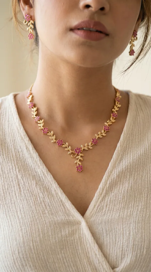 Rose_Gold_Floral_Vine_Necklace_&_Earrings_Set_with_Pink_Stone_Detailing