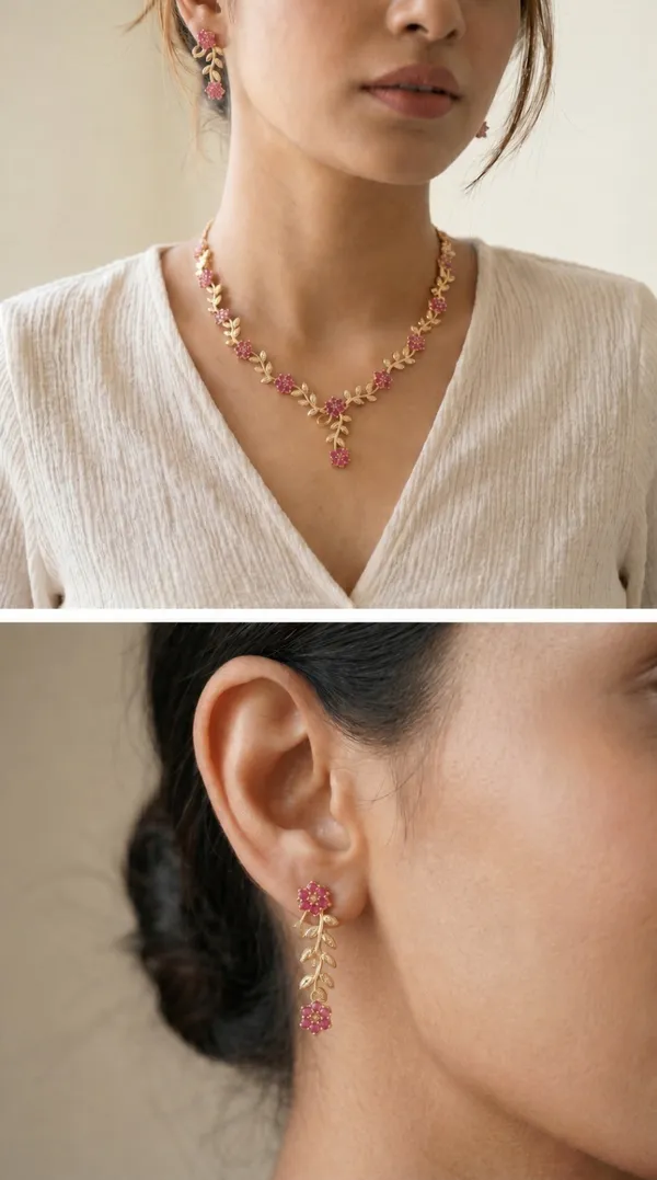 Rose_Gold_Floral_Vine_Necklace_&_Earrings_Set_with_Pink_Stone_Detailing