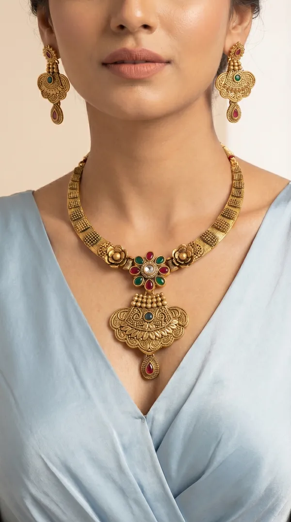 Peacock_Motif_Gold_Necklace_with_Multi_Stone_Floral_Pendant_Set