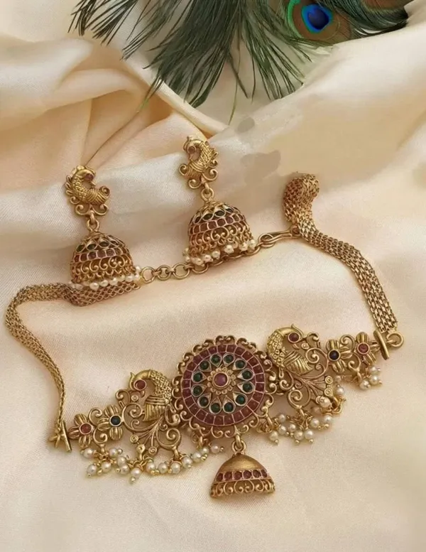 Antique_Gold_Ruby_Beads_Elephant_Design_Choker_Necklace_Set
