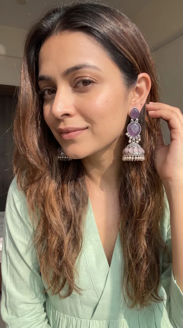 Handcrafted_Purple-Pink_Stone_Antique_Oxidised_Jhumka