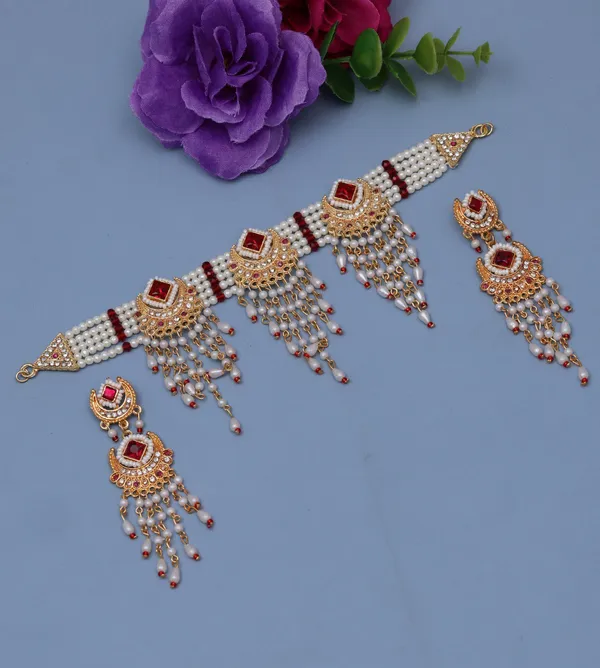 Women's_Pearl_Choker_Necklace_Set_with_Earrings,_Multi-Layer_Red_Stone_Ethnic_Jewellery