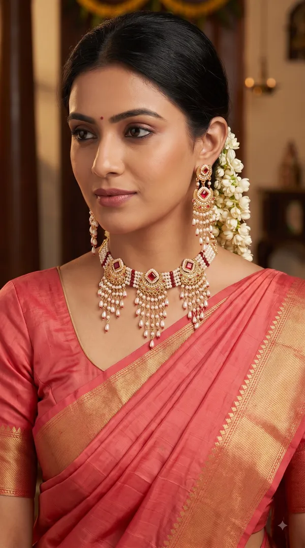Women's_Pearl_Choker_Necklace_Set_with_Earrings,_Multi-Layer_Red_Stone_Ethnic_Jewellery