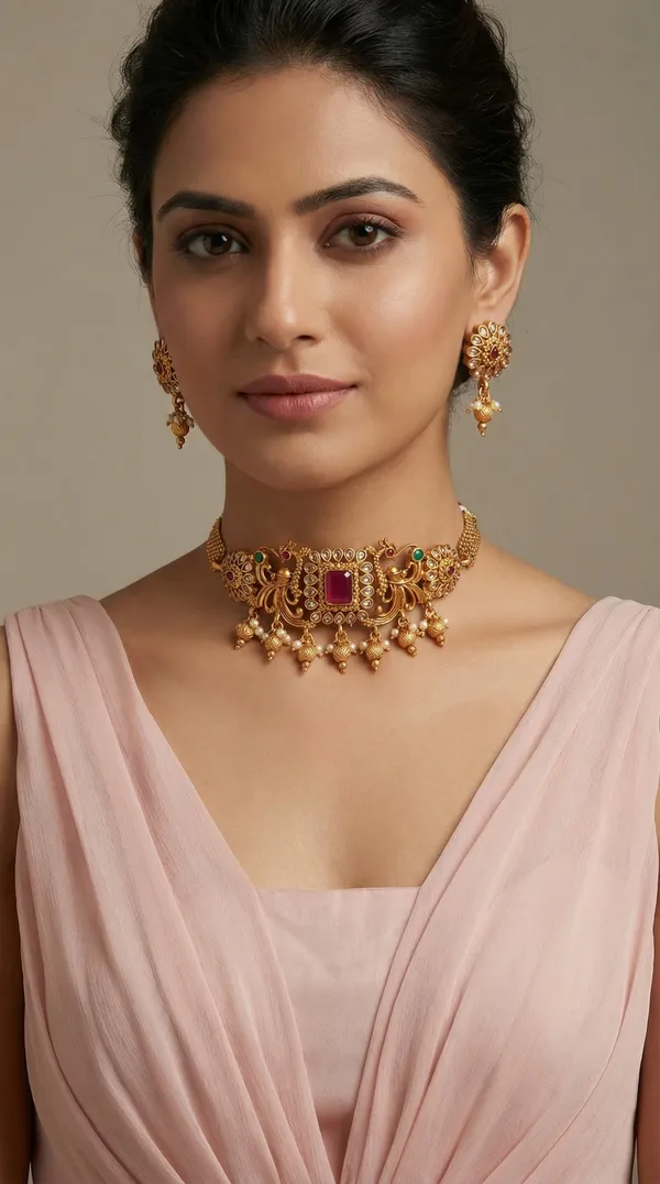Antique_Gold_Ruby_Beads_Elephant_Design_Choker_Necklace_Set