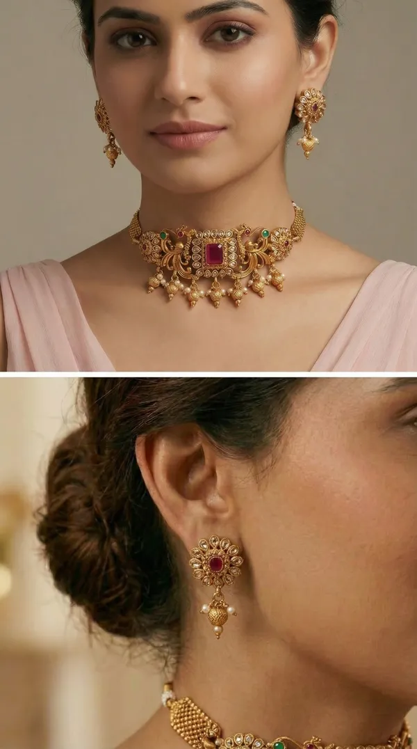Antique_Gold_Ruby_Beads_Elephant_Design_Choker_Necklace_Set