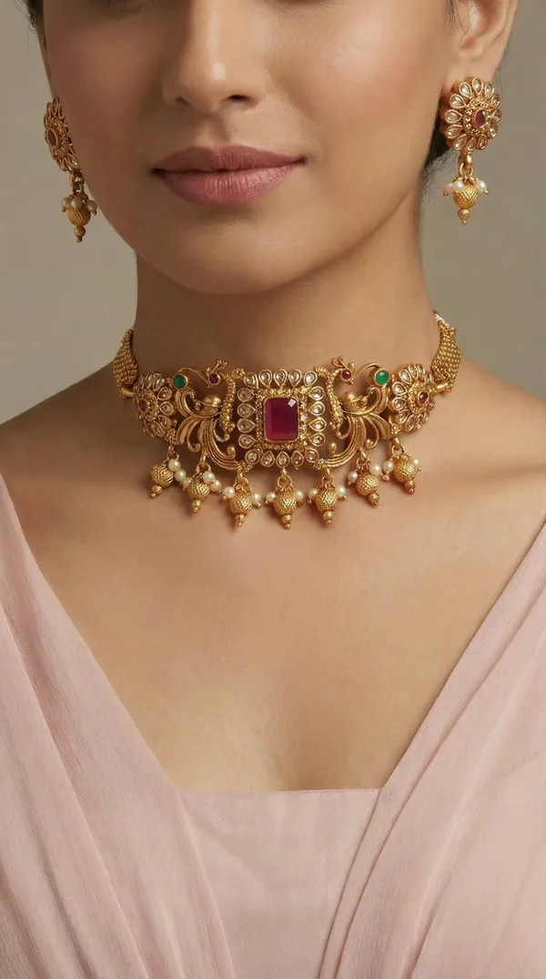 Antique_Gold_Ruby_Beads_Elephant_Design_Choker_Necklace_Set