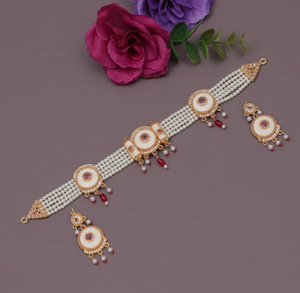Pearl_Multi-Strand_Choker_Necklace_Set_with_Intricate_Floral_Motif_&_Matching_Drop_Earrings