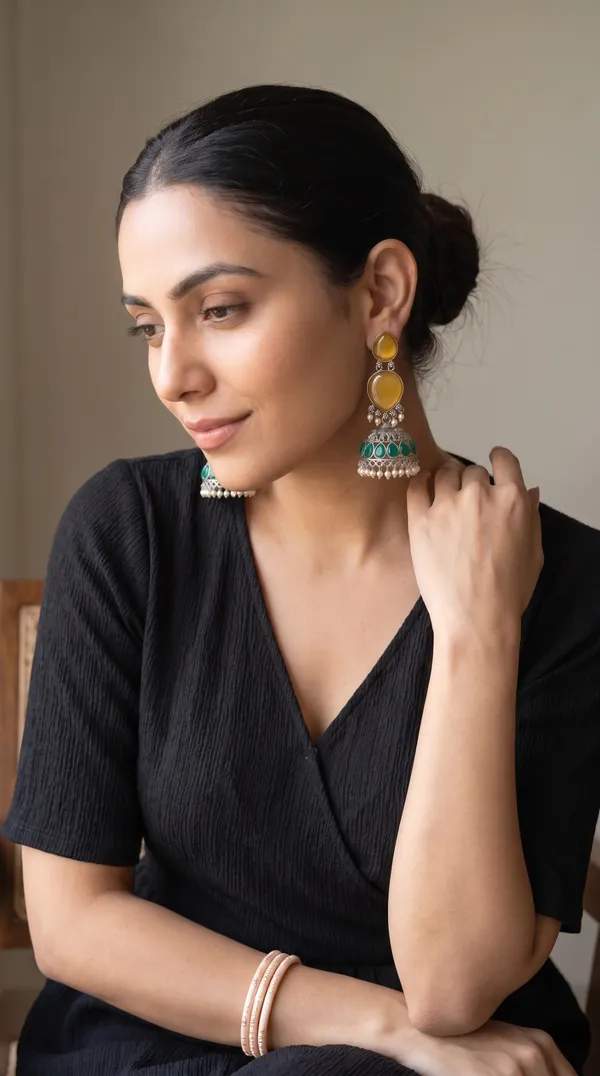 Handcrafted_Yellow-Green_Stone_Antique_Oxidised_Jhumka