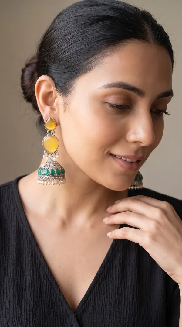 Handcrafted_Yellow-Green_Stone_Antique_Oxidised_Jhumka
