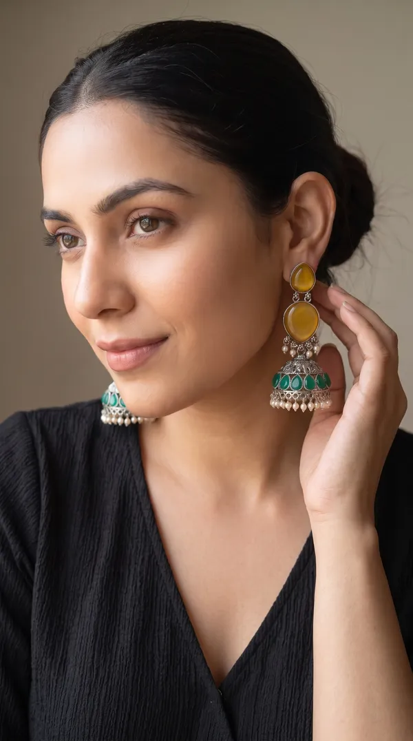 Handcrafted_Yellow-Green_Stone_Antique_Oxidised_Jhumka