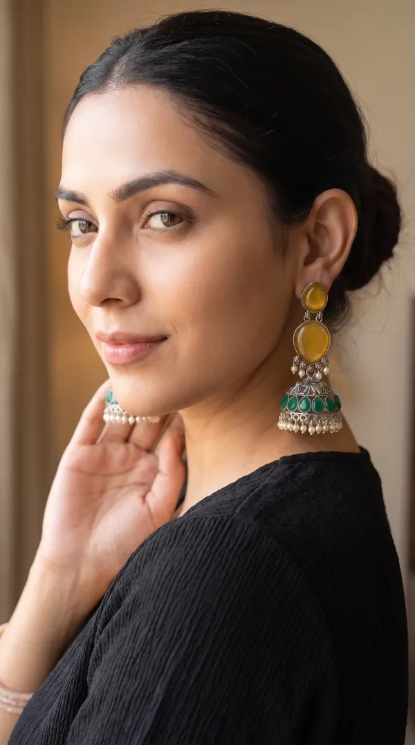 Handcrafted_Yellow-Green_Stone_Antique_Oxidised_Jhumka