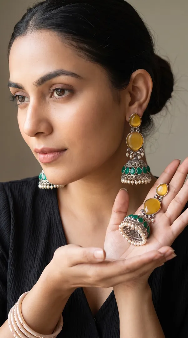 Handcrafted_Yellow-Green_Stone_Antique_Oxidised_Jhumka
