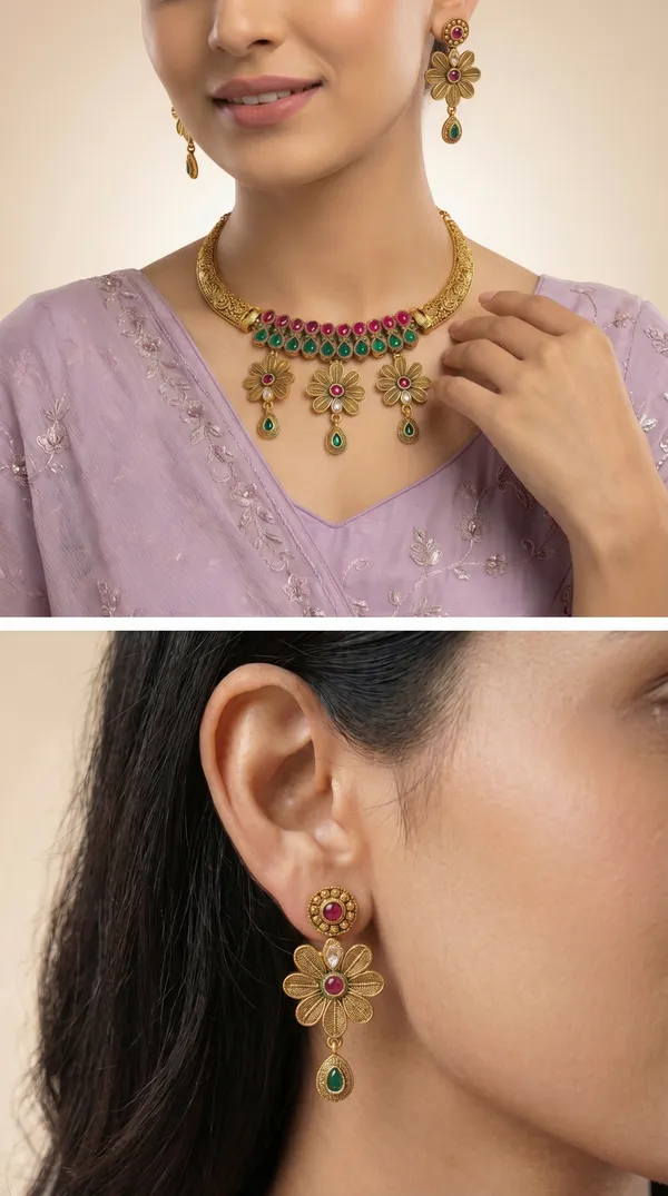 Flower_Design_Gold_Necklace_Set_with_Hanging_Drops_&_Earrings