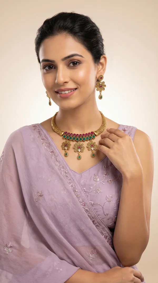 Flower_Design_Gold_Necklace_Set_with_Hanging_Drops_&_Earrings