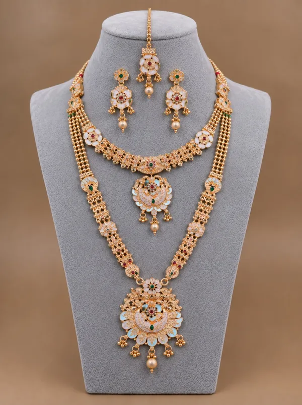 Dual-Layer_Ruby_Green_Gold_Necklace_Set_with_Pearl_Strands,_Pendant_Earrings_&_Maang_Tikka