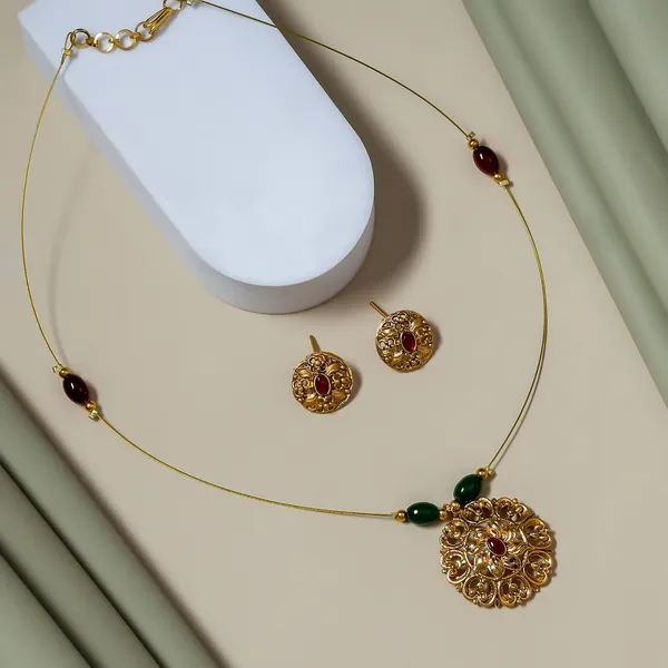 Elegant_Gold-Tone_Minimal_Pendant_Necklace_Set_with_Green_&_Red_Stone_Detailing_and_Matching_Stud_Earrings