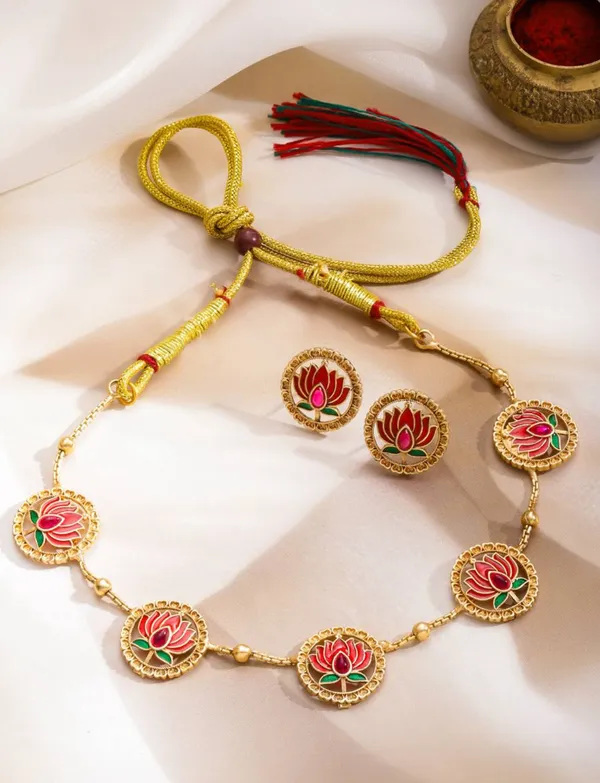 High_Gold_Plated_Meena_Work_Pink_Lotus_Necklace_with_Earrings_for_Women