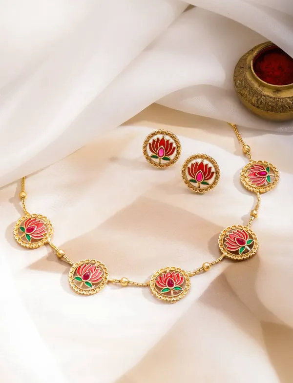 High_Gold_Plated_Meena_Work_Pink_Lotus_Necklace_with_Earrings_for_Women