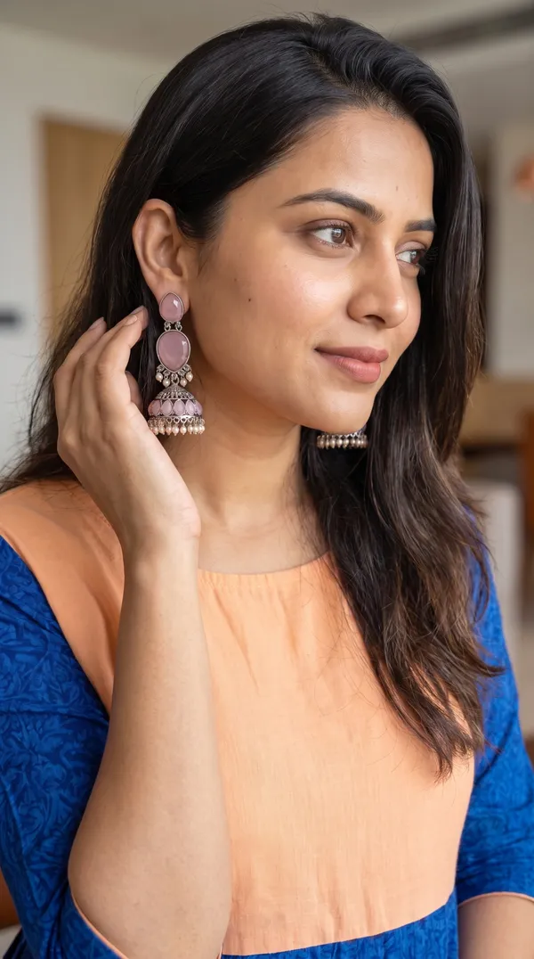 Handcrafted_Pink_Stone_Antique_Oxidised_Jhumka