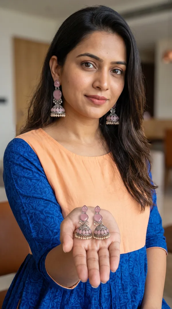 Handcrafted_Pink_Stone_Antique_Oxidised_Jhumka