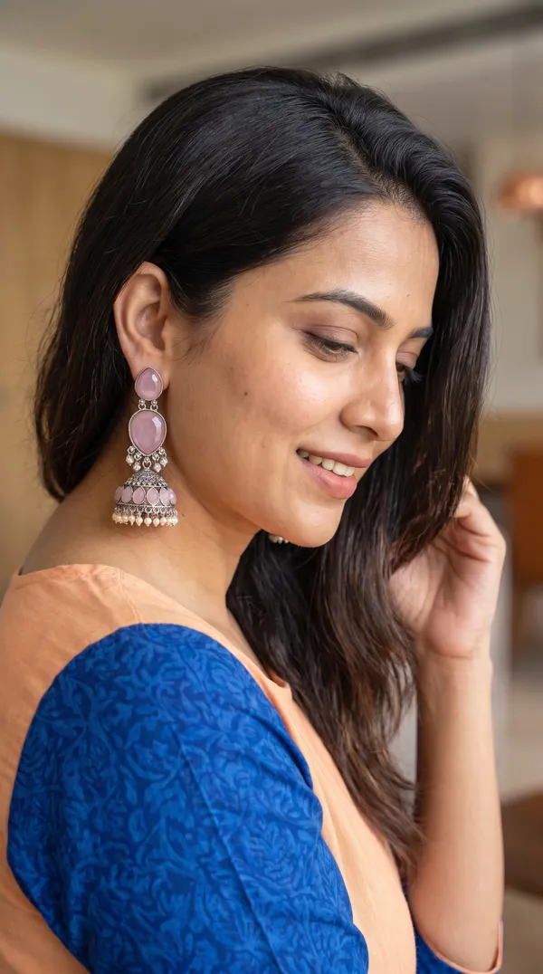 Handcrafted_Pink_Stone_Antique_Oxidised_Jhumka