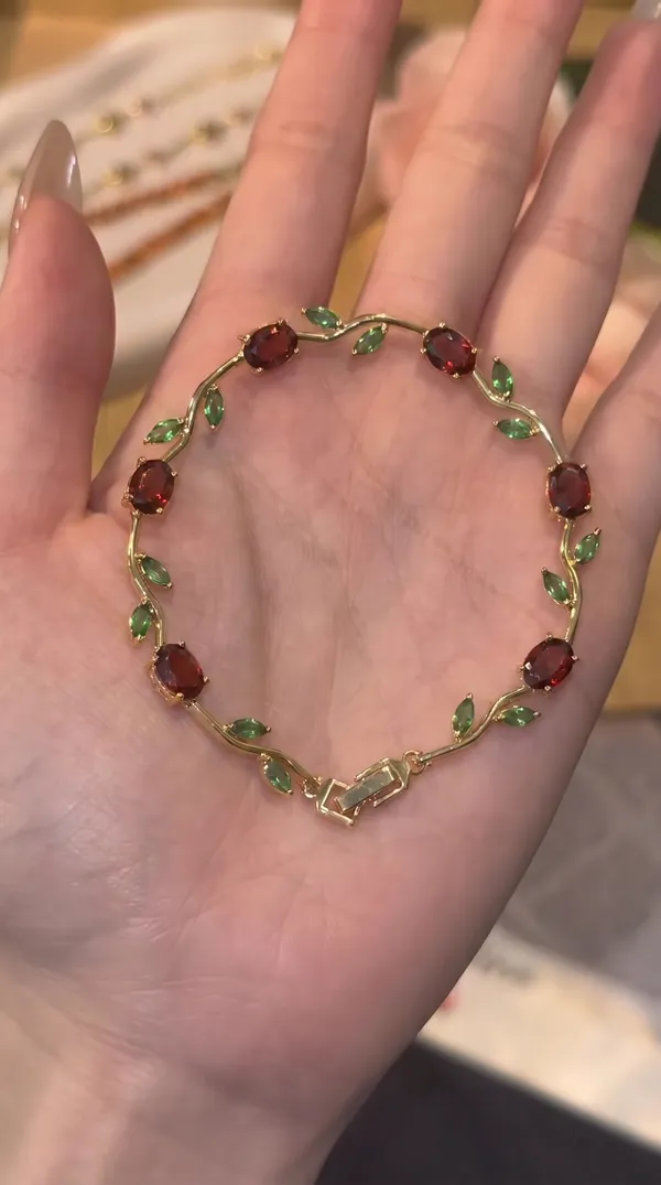 Gold_Plated_Red_&_Green_Stone_Floral_Design_Bracelet_for_Women