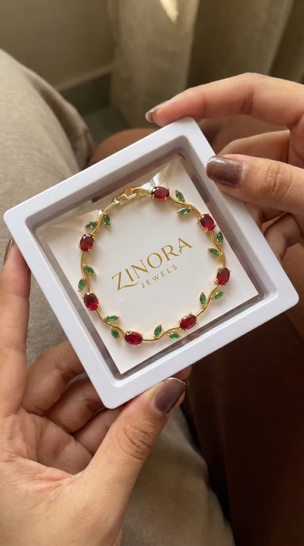 Gold_Plated_Red_&_Green_Stone_Floral_Design_Bracelet_for_Women