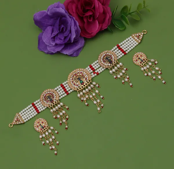 Elegant_White_Pearl_&_Red_Bead_Multi-Strand_Choker_Set_with_Intricate_Peacock_Motif_and_Matching_Pearl_Drop_Earrings
