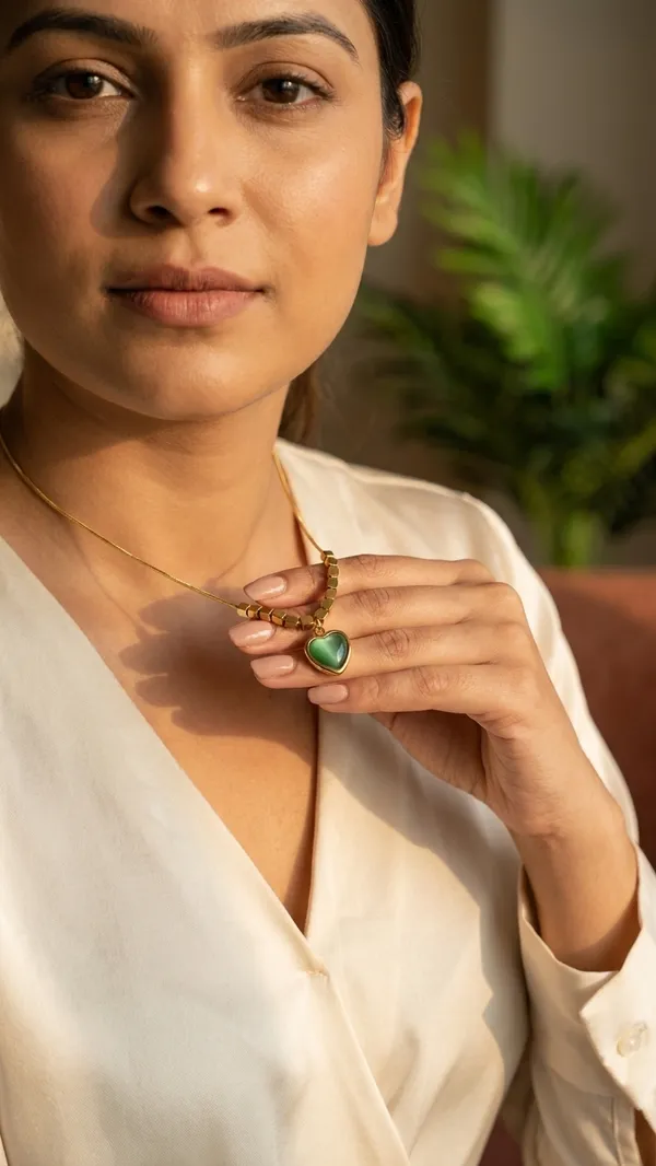 18K_Gold_Plated_Emerald_Green_Heart_Pendant_Necklace_-_Sleek_Snake_Chain_with_Cube_Accents_for_Women