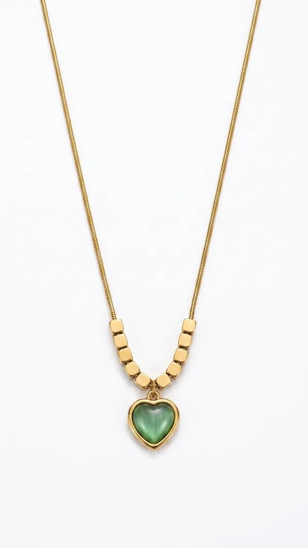 18K_Gold_Plated_Emerald_Green_Heart_Pendant_Necklace_-_Sleek_Snake_Chain_with_Cube_Accents_for_Women