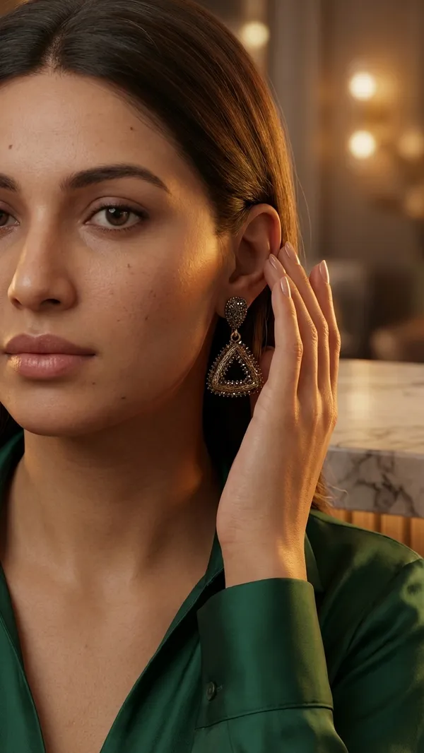 Antique_Gold-Plated_Triangular_Drop_Earrings_with_Black_Stones