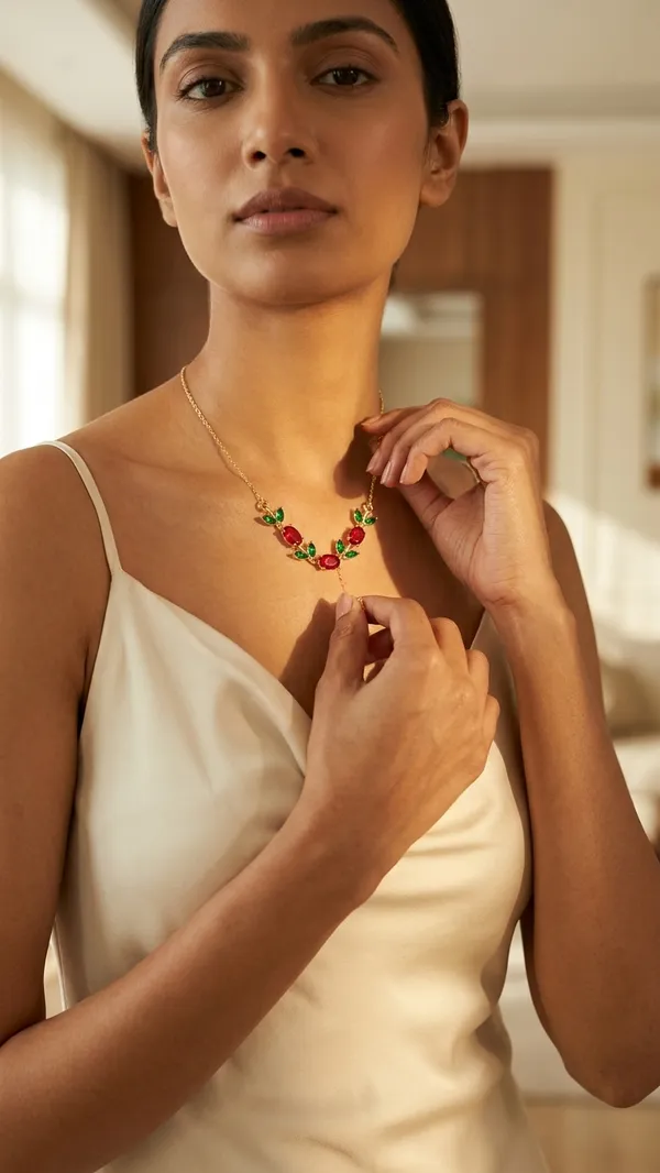 Elegant_Gold-Plated_Ruby_and_Emerald_Stimulated_Floral_Vine_Necklace.