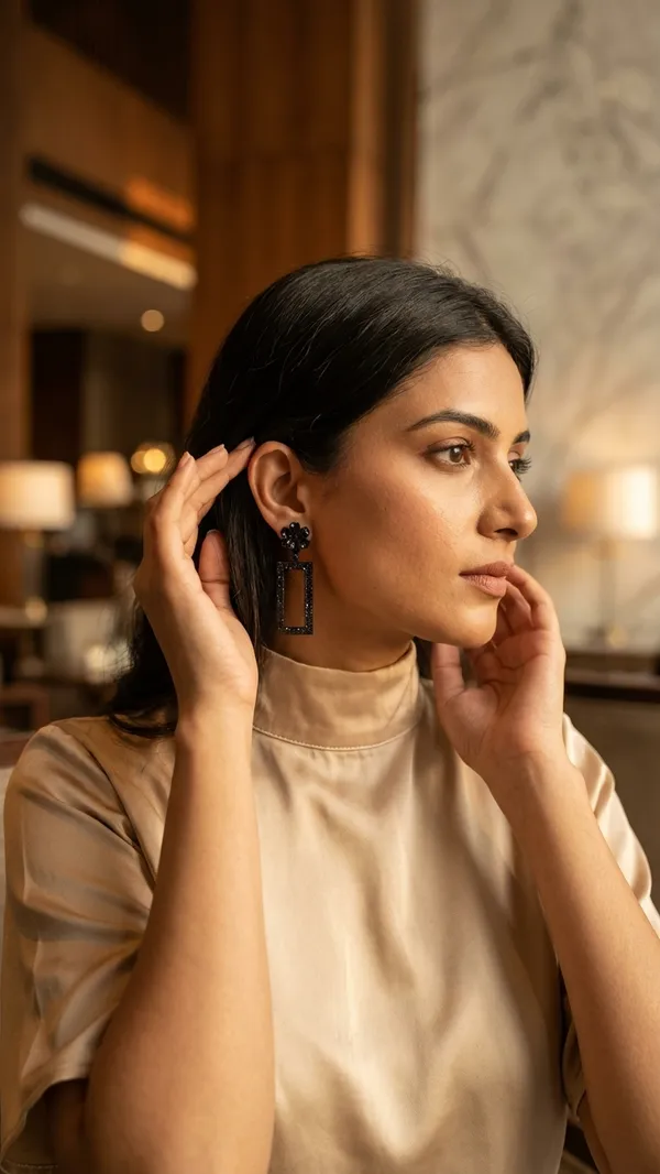Midnight_Black_Floral_Rectangular_Drop_Earrings_–_Glossy_Flower_Studs_with_Crystal-Encrusted_Geometric_Dangles